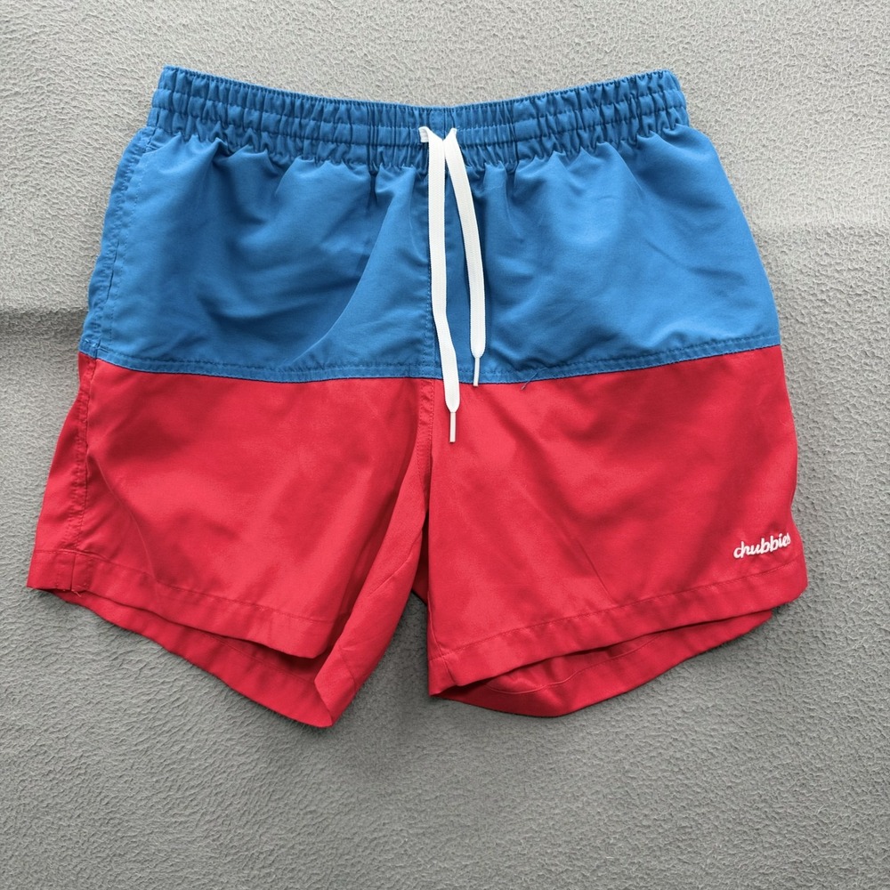 Chubbies Swim Trunks Mens Medium Blue Red Colorblock Trunks Lined Beach